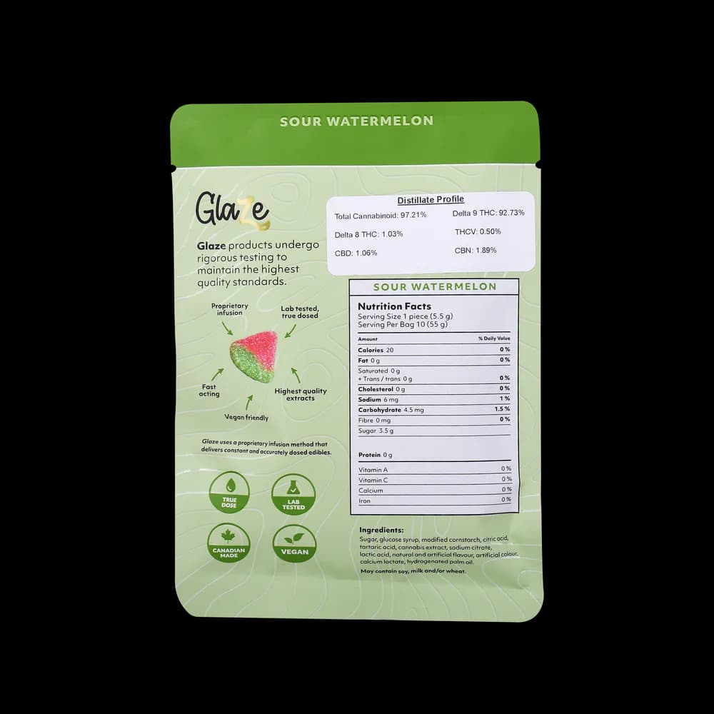 40mg THC gummies Watermelons Bag by Glaze - 1 Bag, 10 Gummies,